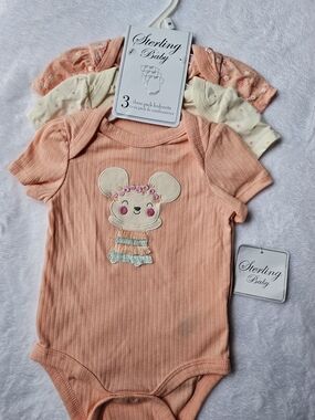 Sterling Baby Peach Ribbed Mouse Applique Bodysuit - 3 Pack